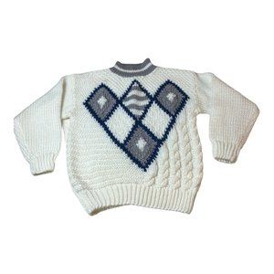 Vintage Forum Sweater Medium Cable Knit Mock Neck Geometric Cream Fisherman
